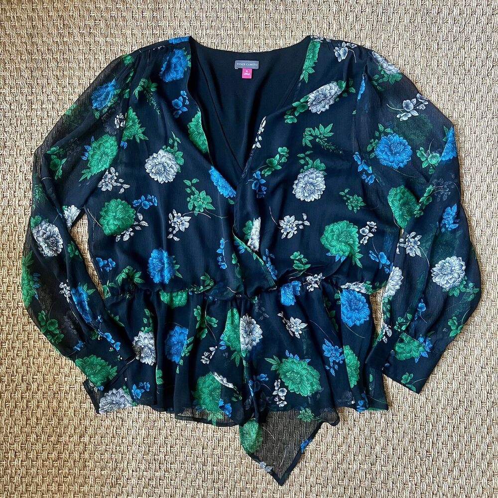 Vince Camuto Black Floral Blouse Asymmetric Hem Long Sleeve Whimsy Goth Fairy XL